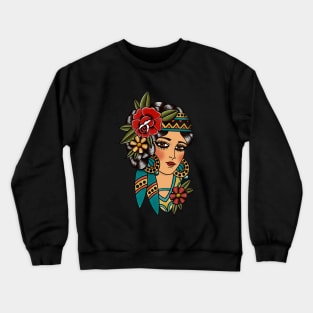 Gypsy Lady Head American Traditional Tattoo Design Crewneck Sweatshirt